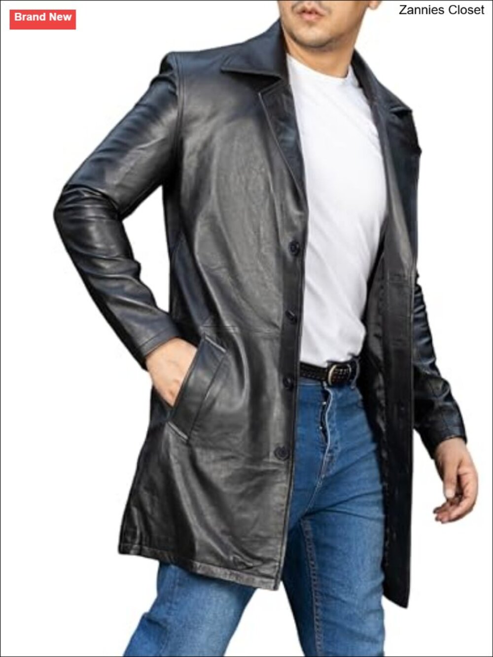 Genuine Lambskin Leather Trench Coat Men 3/4 Length Car Coat Button Front